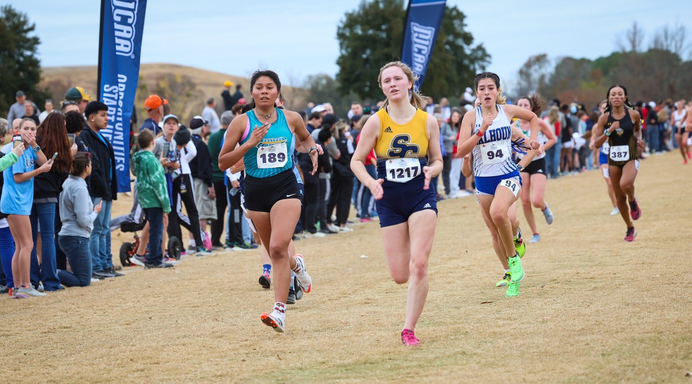 Cross Country athletes racing to the finish line.