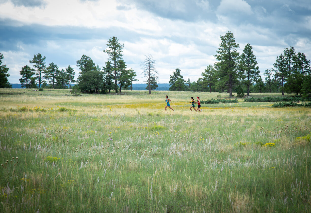 Three athlete running through a grass field at Buffalo Park in Flagstaff, Arizona.