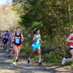 A pack of women running during a cross country race.