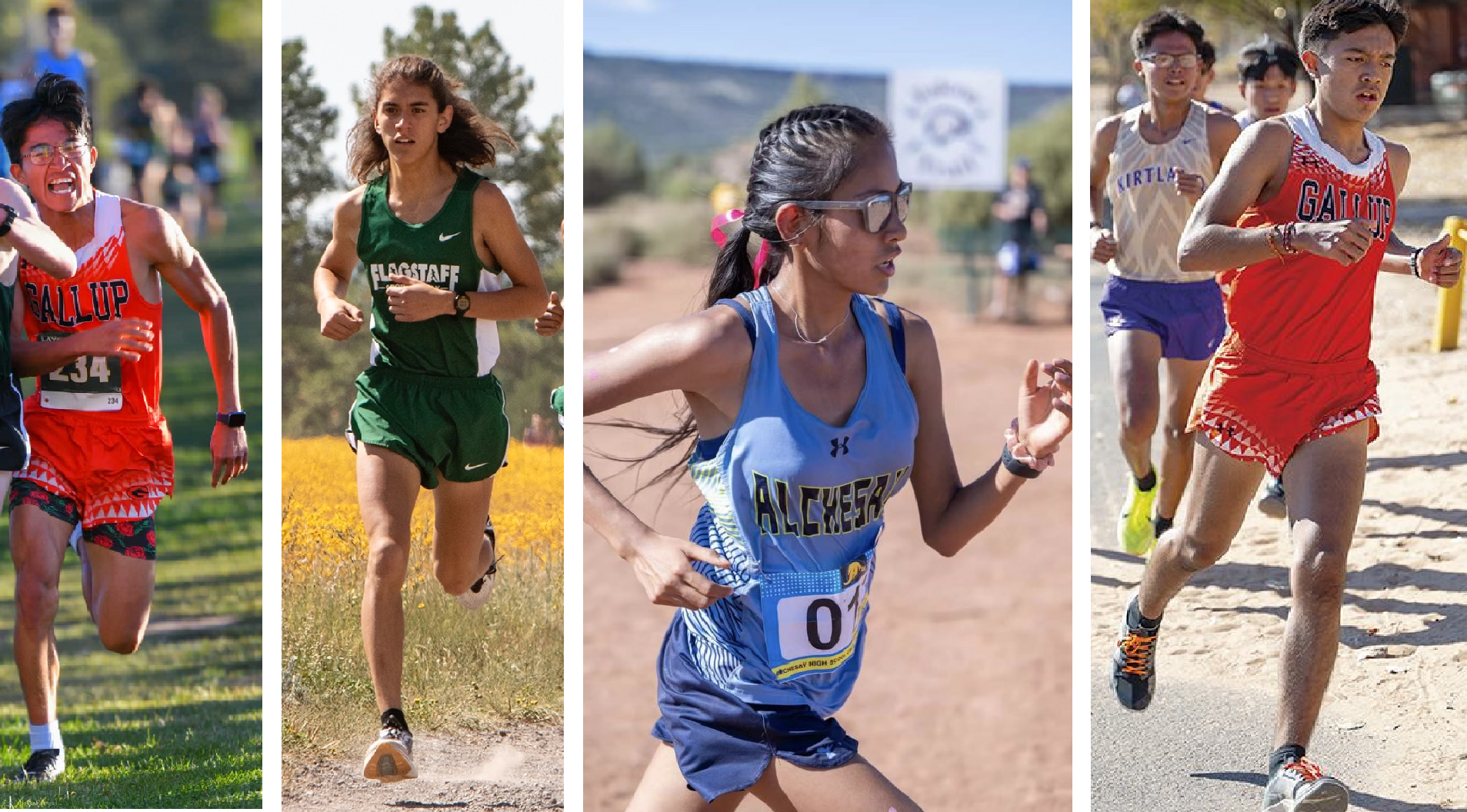 Cross Country runners racing in their high school uniforms