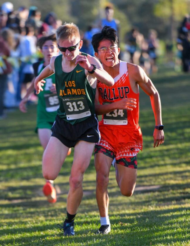 Two male athlete racing cross country