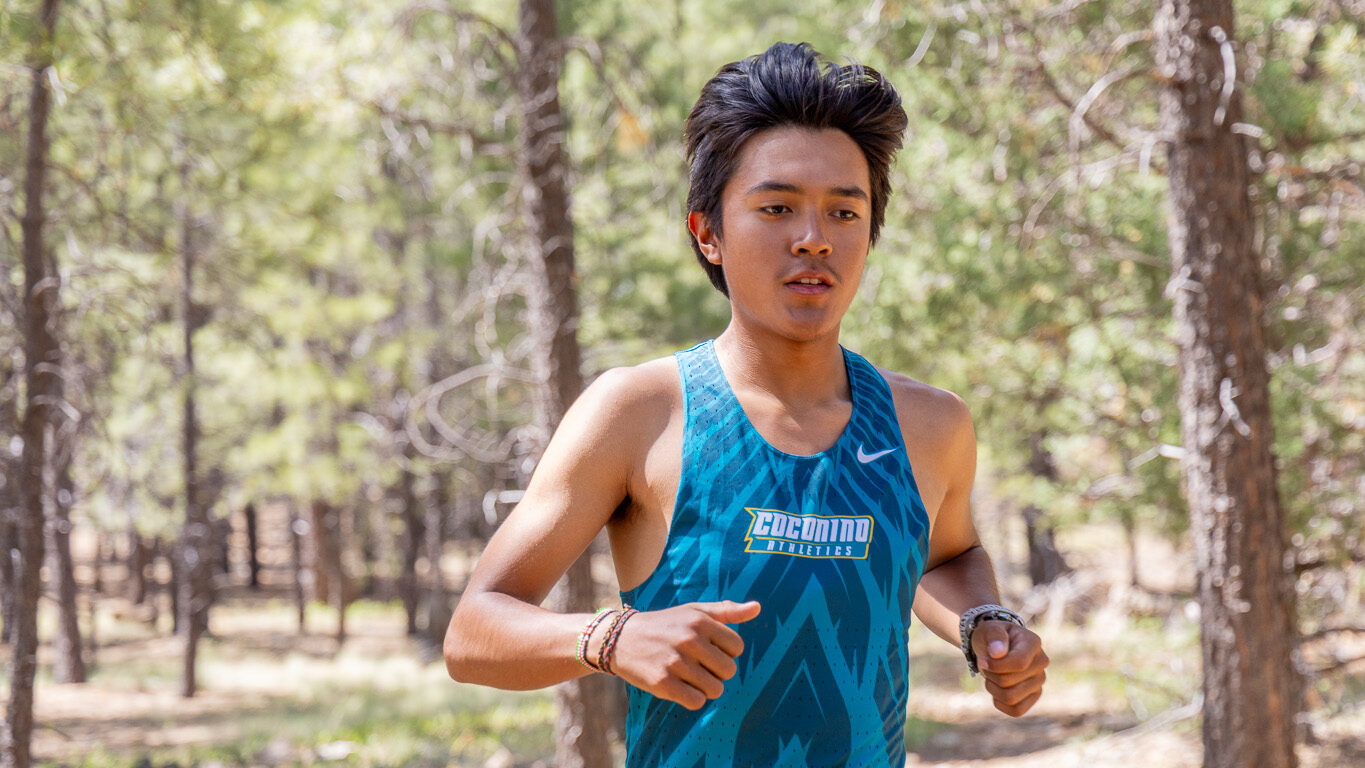 Male cross country athlete running through the woods.