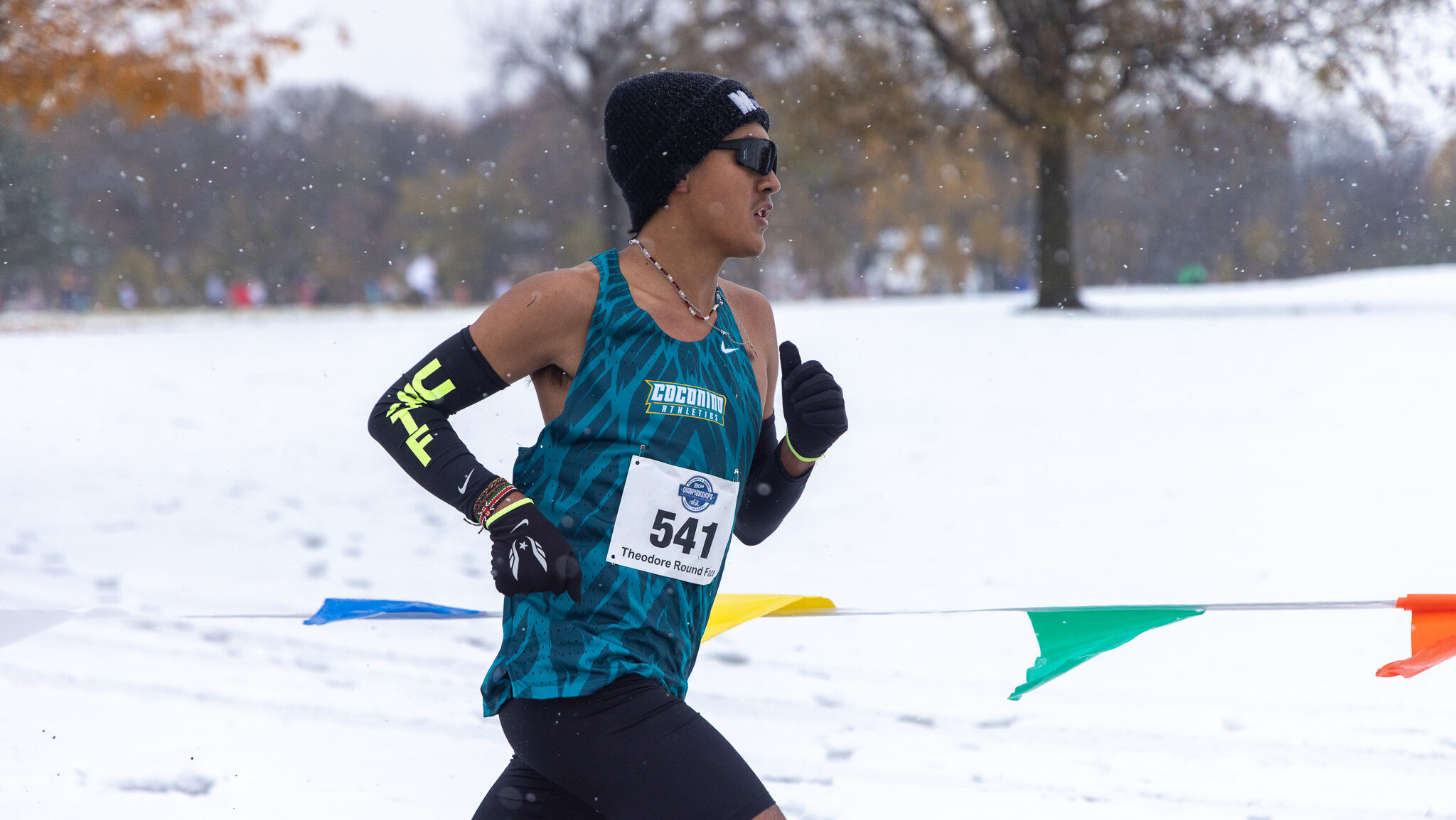 Cross country runner racing in the snow.